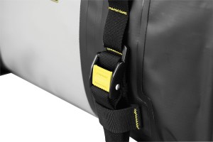 Photo showing Hurricane 25L Dry Duffle bag on white background - Close up of mounting strap hooked into MOLLE panel